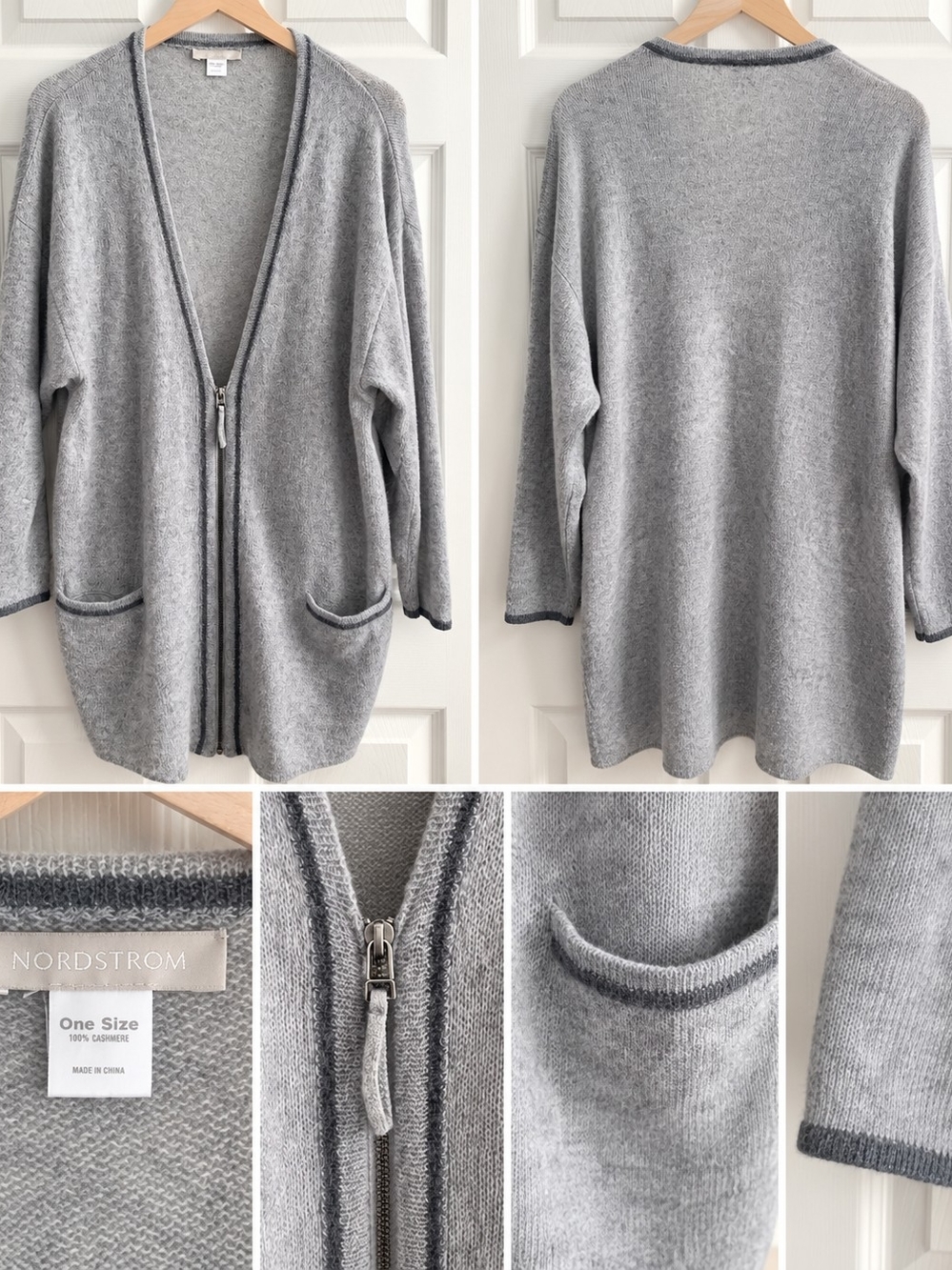 Nordstrom Light Gray Cashmere Zip-Front Cardigan with Dark Trim